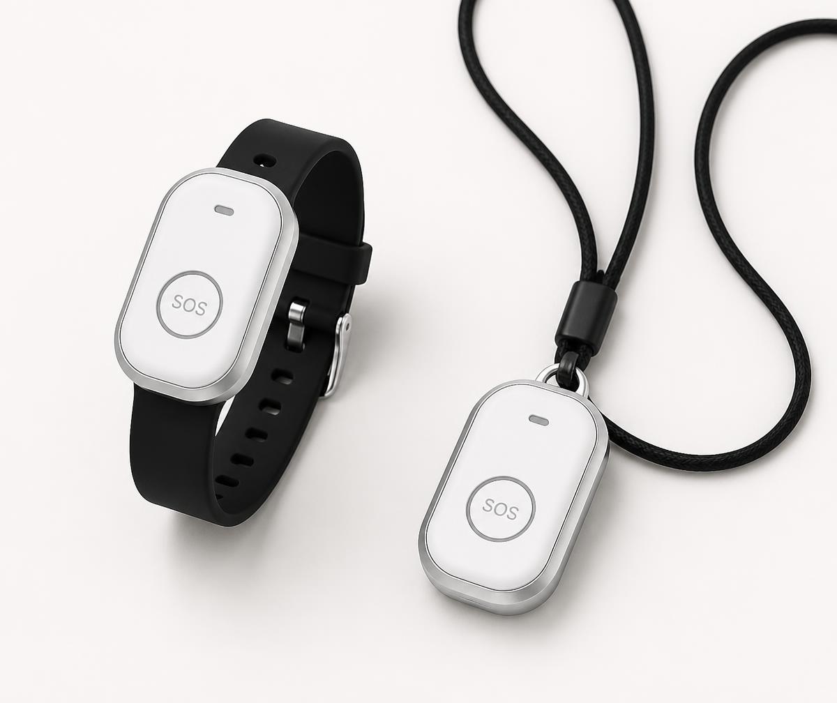 The Belle X2 medical alert device shown as a white SOS pendant on a neck lanyard and as a wristband