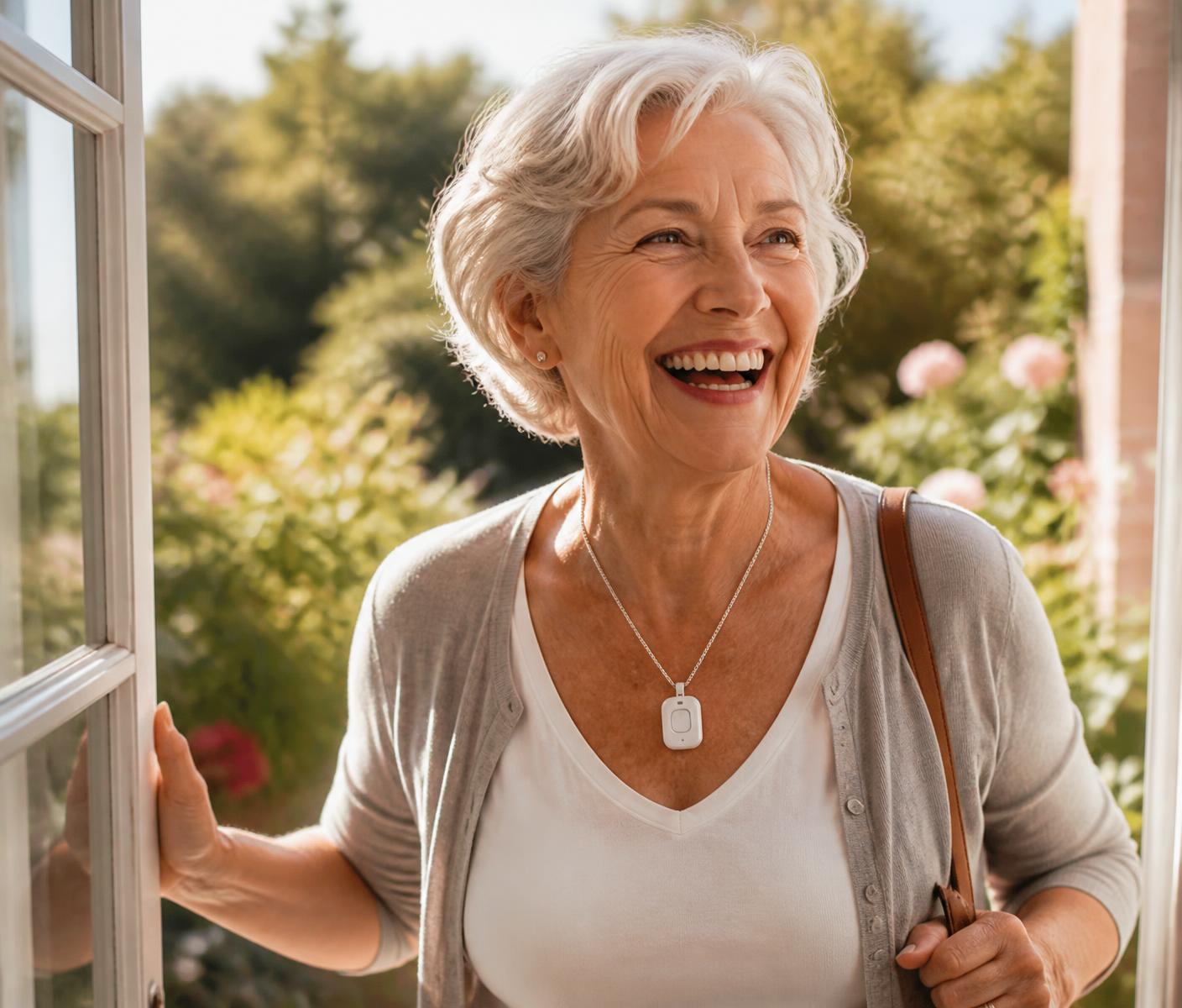 Smiling woman in her seventies wearing a Belle X2 medical alert pendant while stepping into her sunny garden